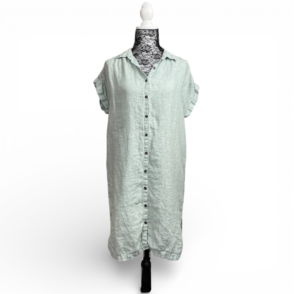 Linen Sage Green Button Front Minimalist Shirt Dress Medium Coastal Capsule‎